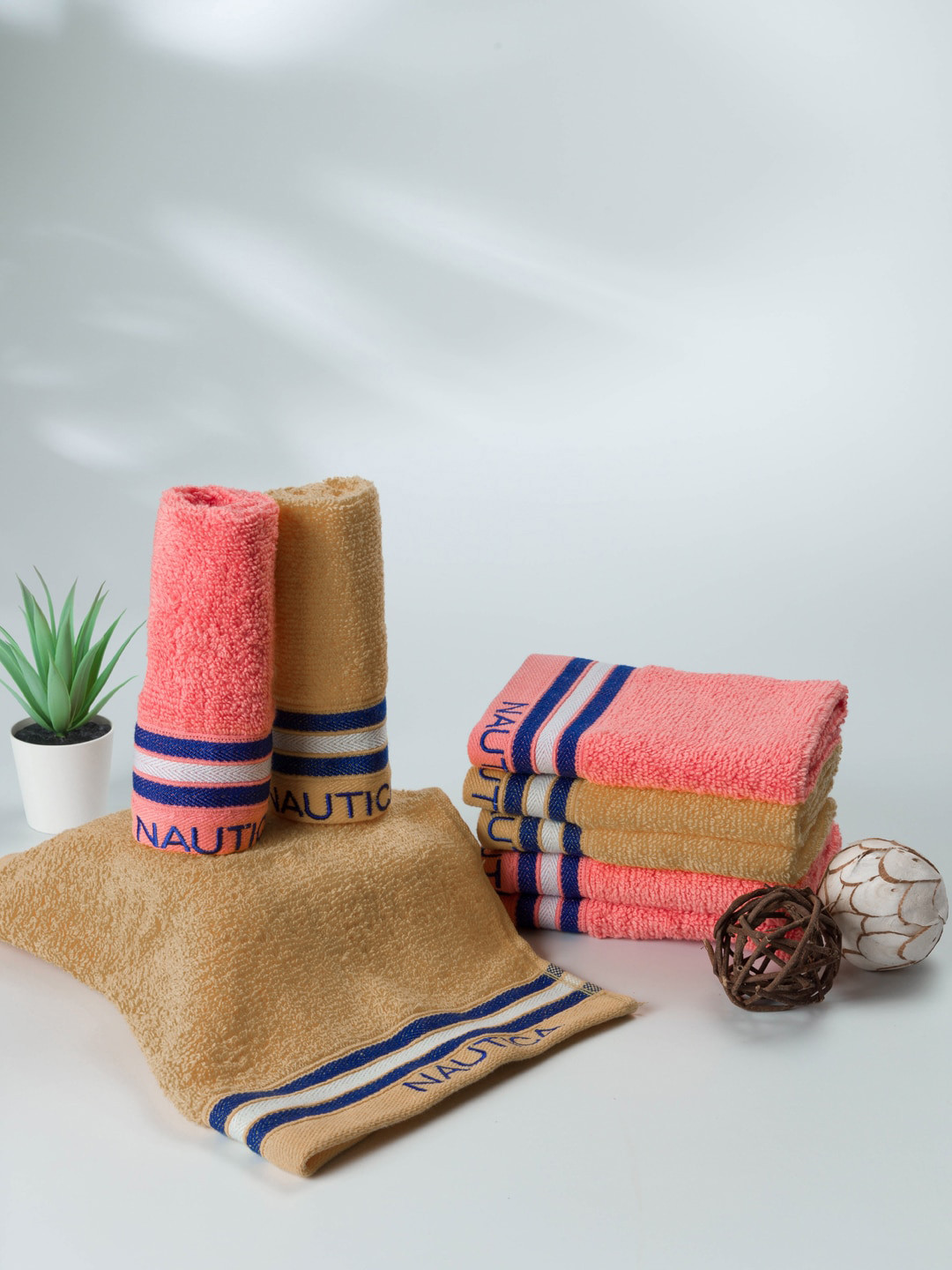 Nautica Beige & Coral-Peach-Colored 8 Pieces 500 GSM Zero Twist Pure Cotton Face Towels