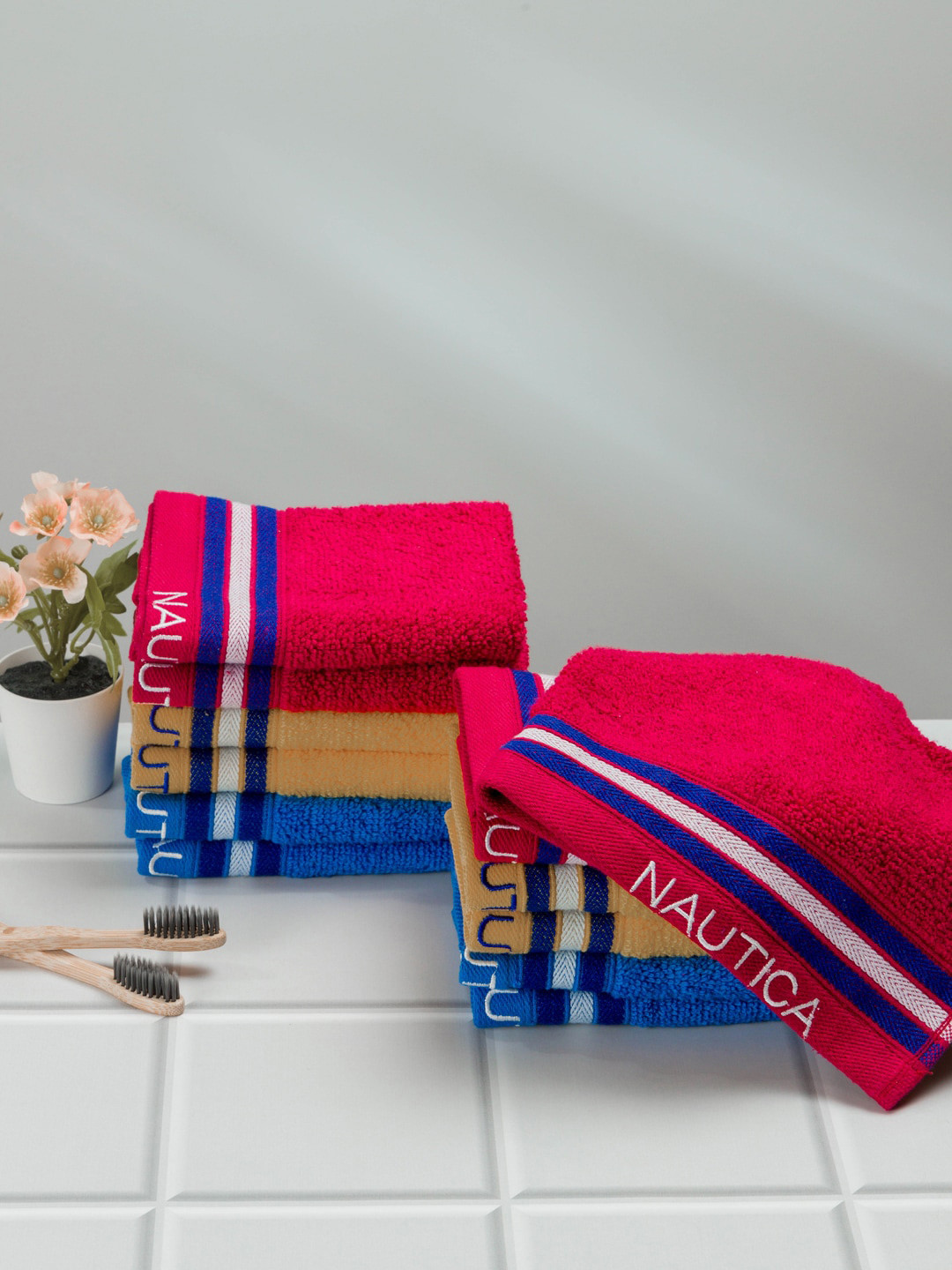 Nautica Beige & Royal Blue 12 Pieces Pure Cotton Zero Twist 500GSM Face Towels