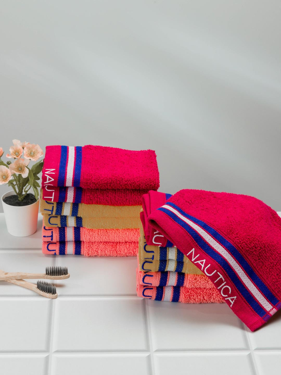 Nautica Burgundy & Beige 12 Pieces Pure Cotton Zero Twist 500GSM Face Towels