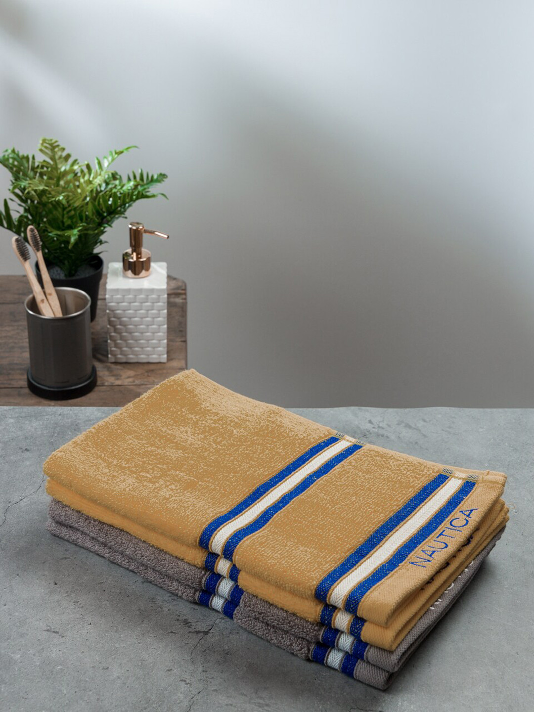 Nautica Beige & Grey 4 Pieces Pure Cotton Zero Twist 500GSM Hand Towels