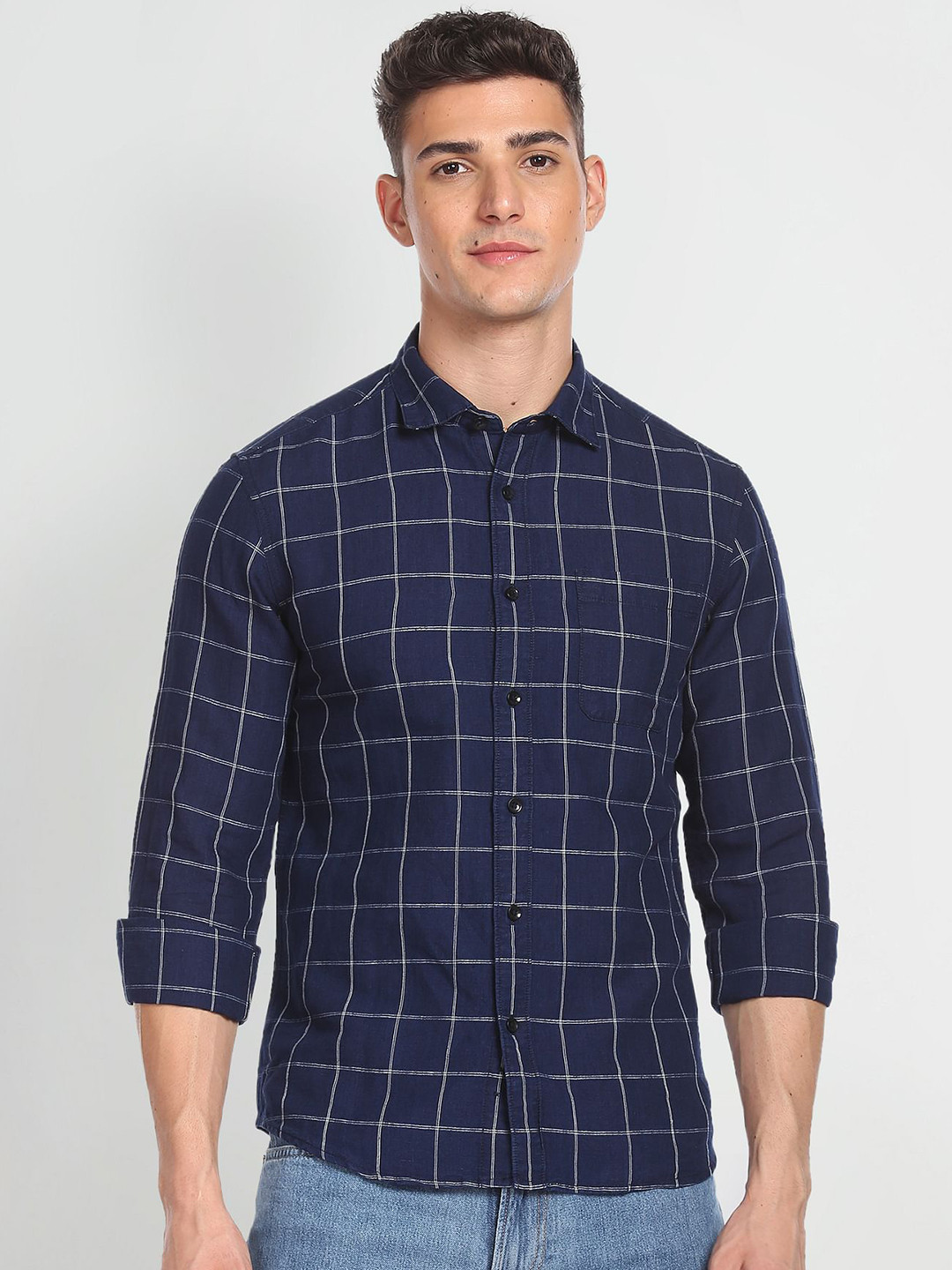 Flying Machine Windowpane Checks Linen Cotton Casual Shirt