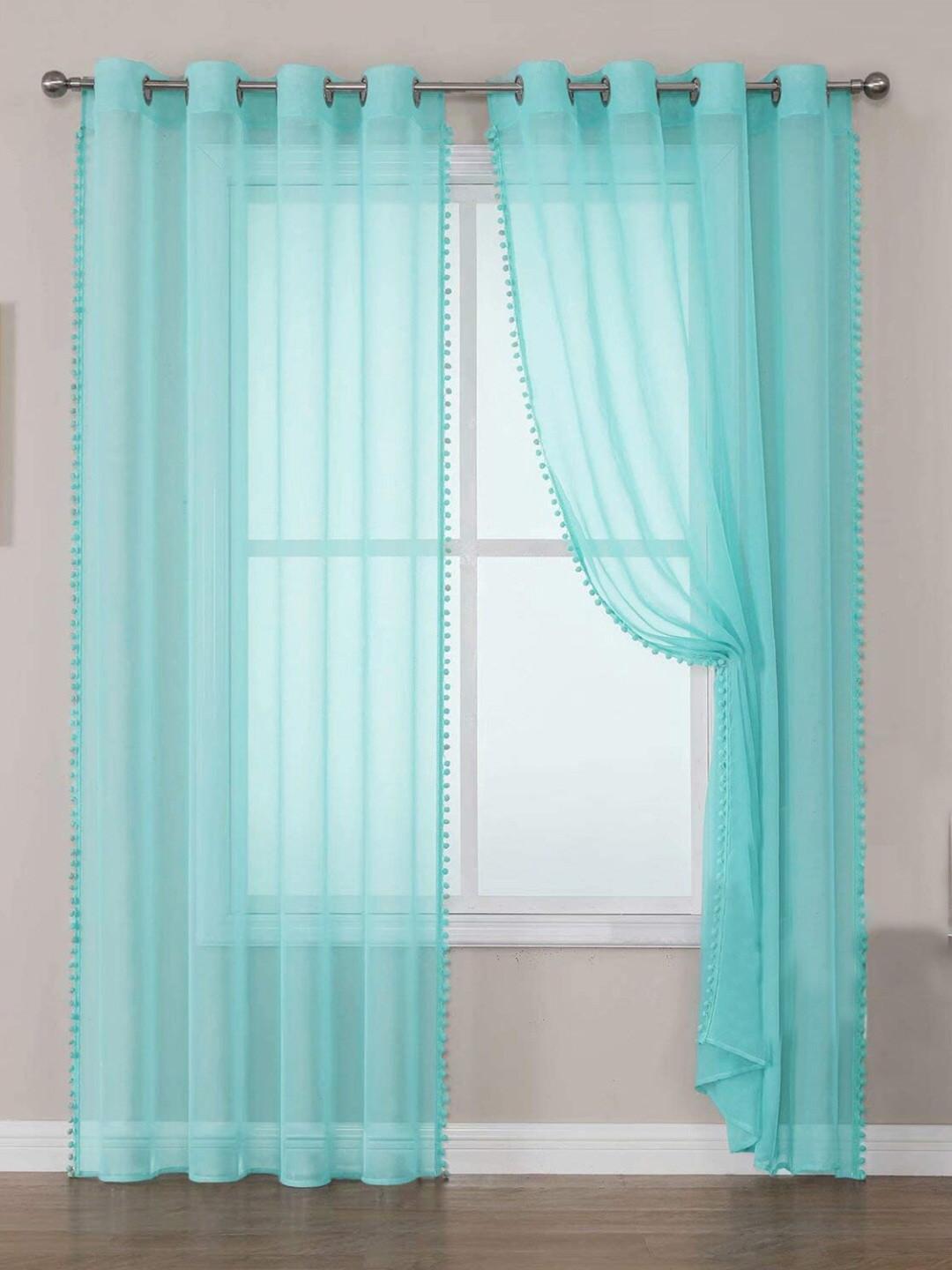 URBAN SPACE Blue 2 Pieces Linen Sheer Long Door Curtains