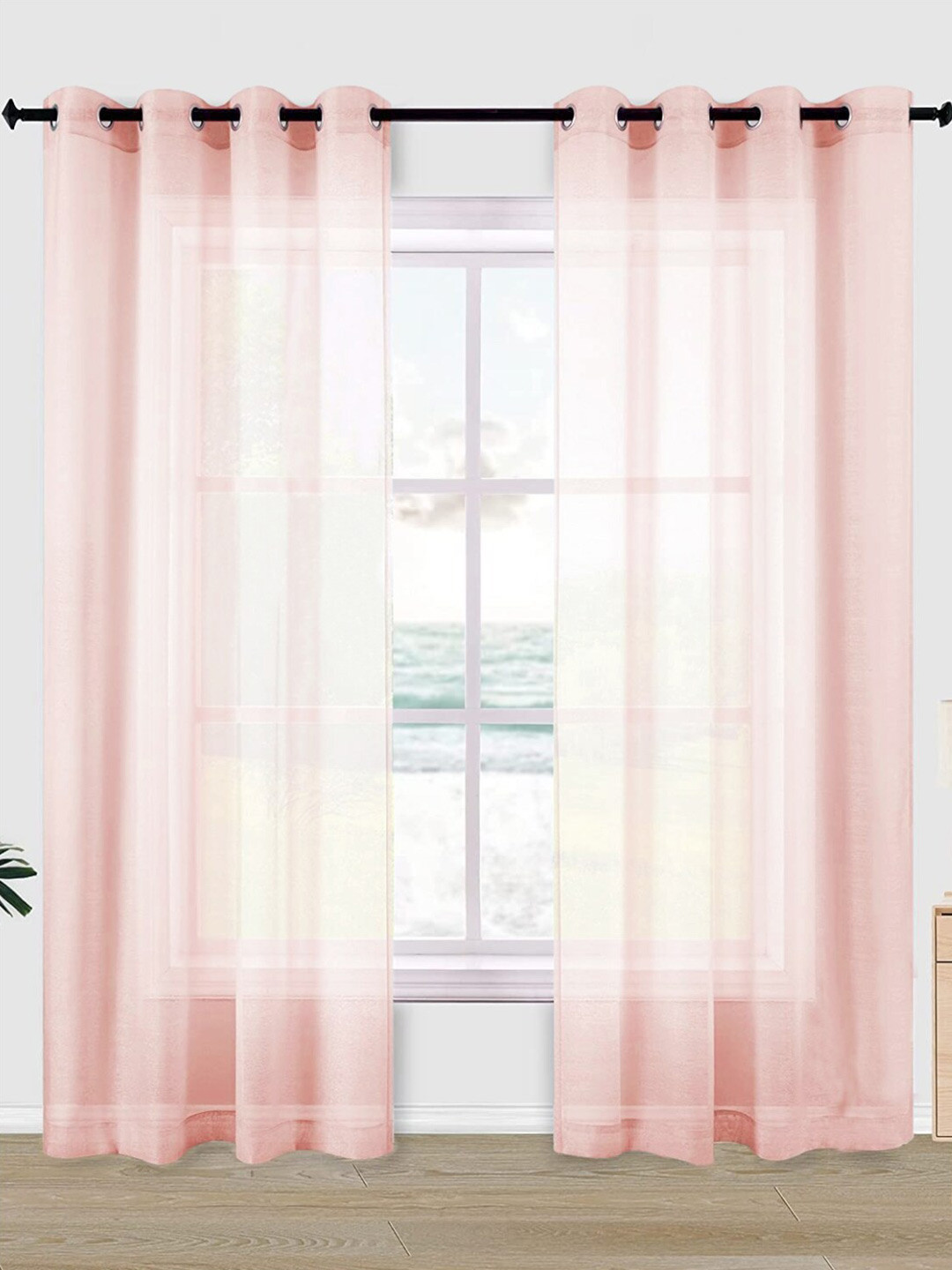 URBAN SPACE Pink 2 Pieces Sheer Long Door Curtain