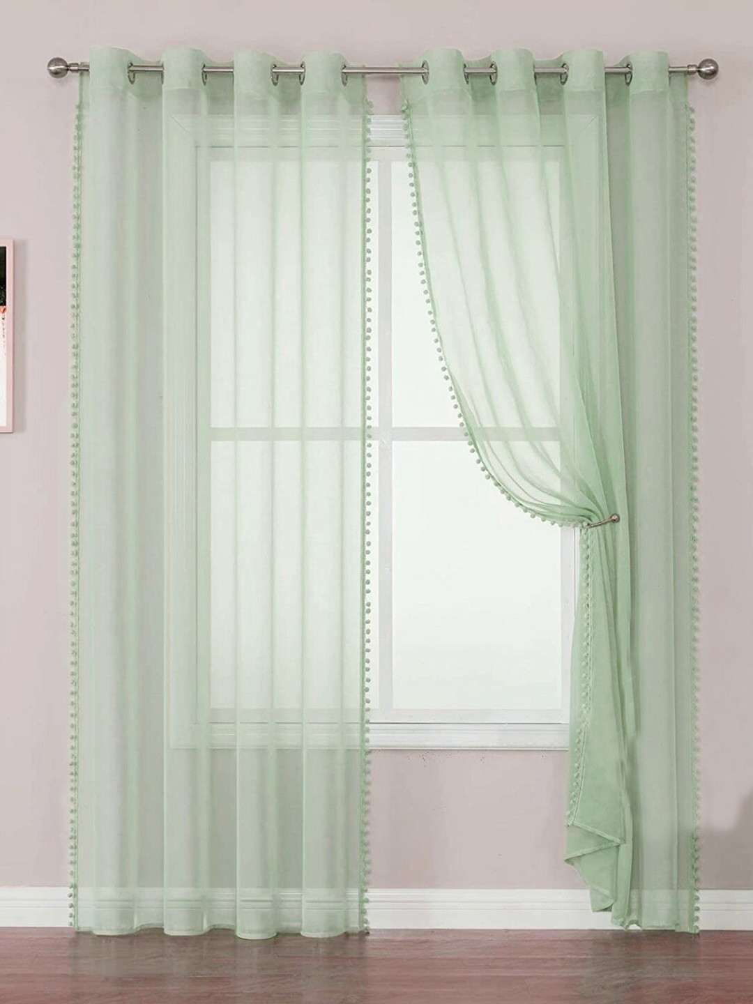 URBAN SPACE Green 2 Pieces Linen Sheer Door Curtain