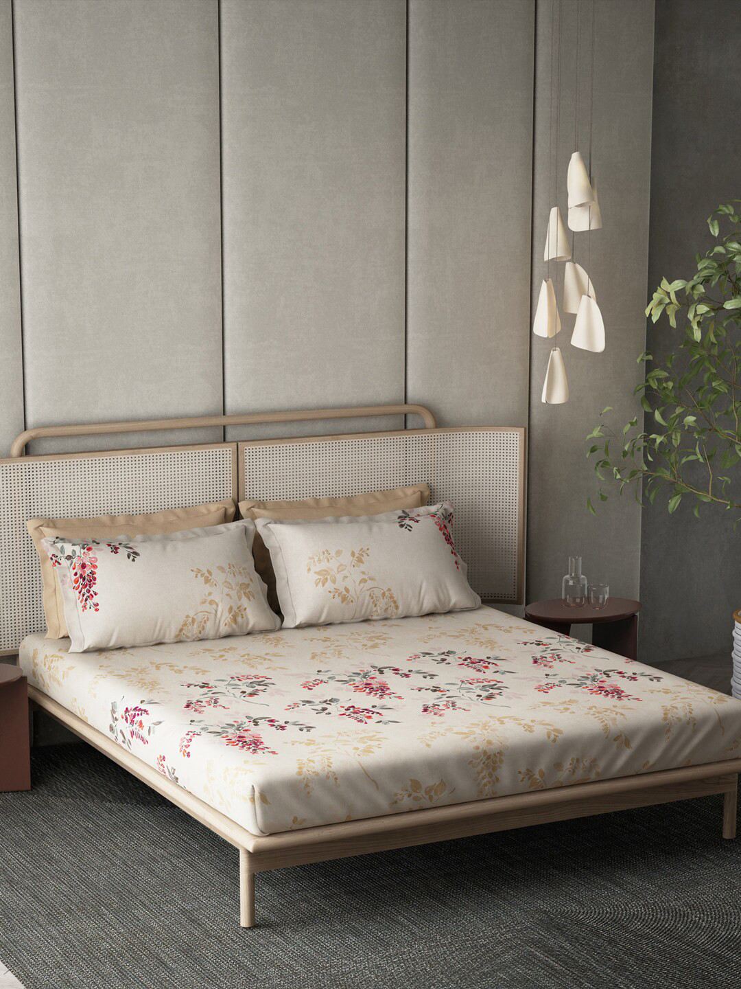 DDecor Live Beautiful Beige & Red Floral 140 TC Cotton King Bedsheet & 4 Pillow Covers