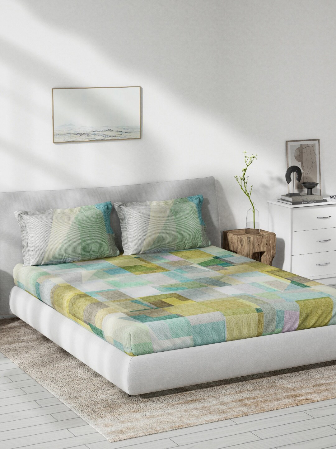 DDecor Live Beautiful Green & Grey Abstract 140 TC Cotton Queen Bedsheet & 2 Pillow Cover