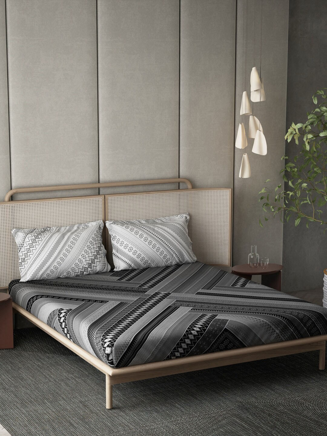 DDecor Live Beautiful Black & Grey 140 TC Cotton King Bedsheet & 2 Pillow Covers