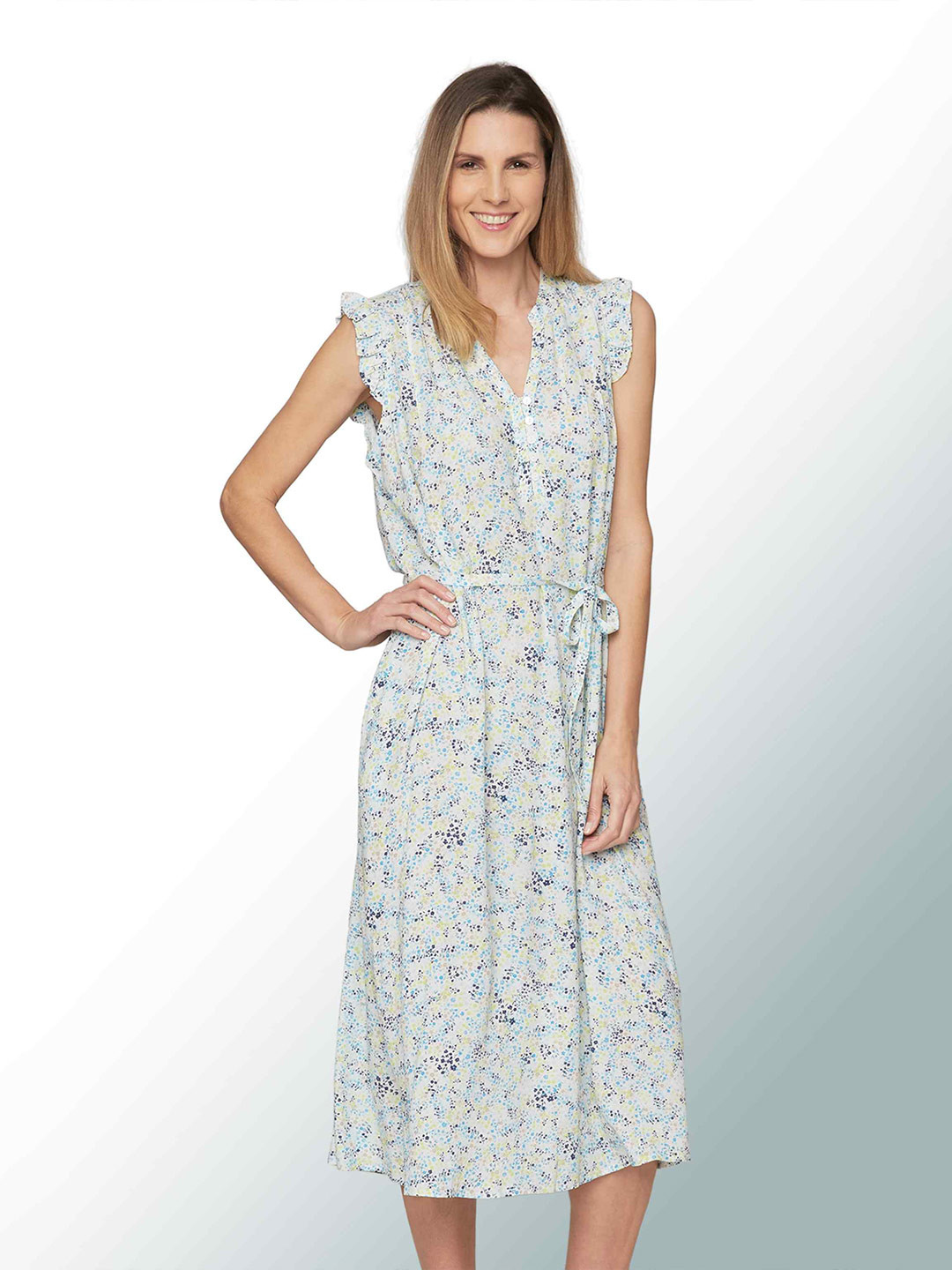 B Copenhagen Floral Print Flutter Sleeve Fit & Flare Midi Dress