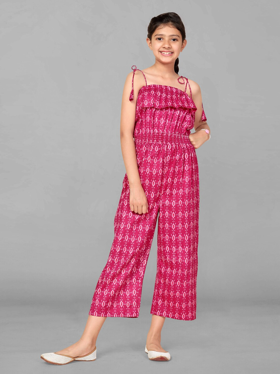 FASHION DREAM Girls Printed Cotton Shoulder Straps Capri Jumpsuit with Ruffles