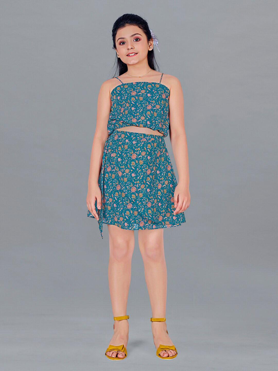 FASHION DREAM Girls Printed Spaghetti Top with Layer Skirt