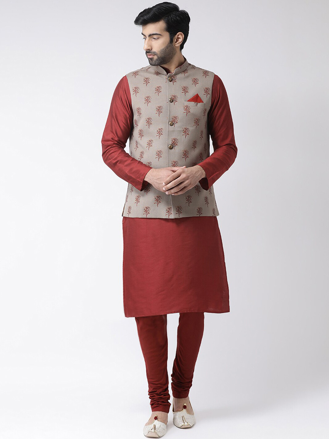 KISAH Manadarin Collar Regular Kurta with Churidar with Printed Nehru Jacket