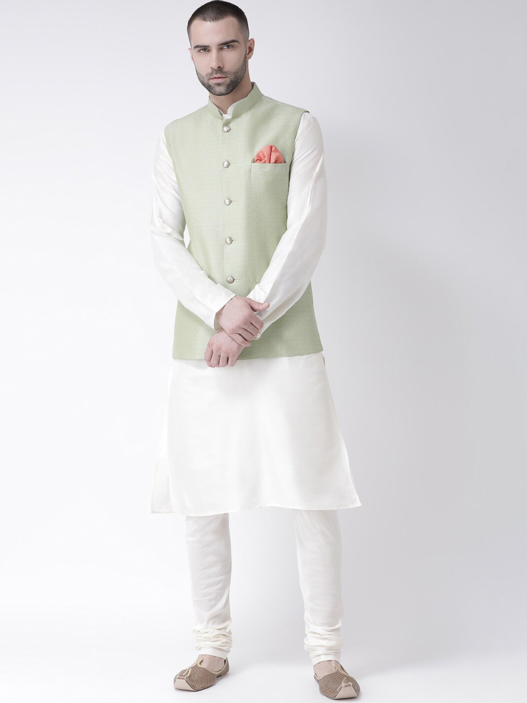 KISAH Manadarin Collar Kurta with Churidar with Woven Design Nehru Jacket