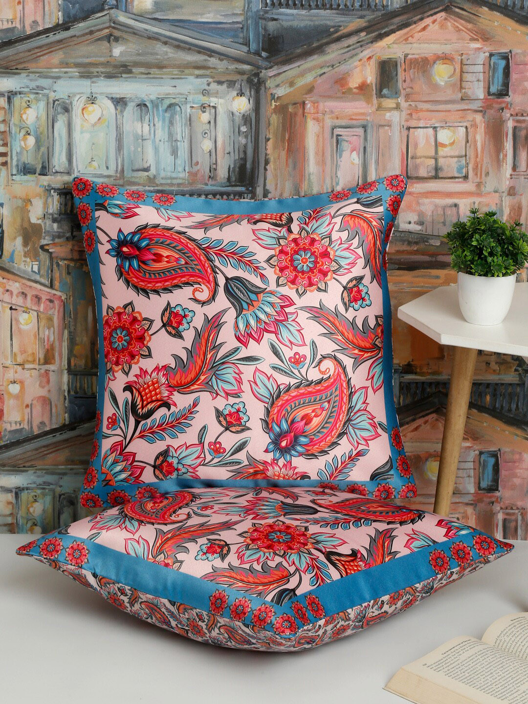 Alina decor Ethnic motif Paisley Polycotton Durable 2 Pcs Square Cushion Covers -16x16In