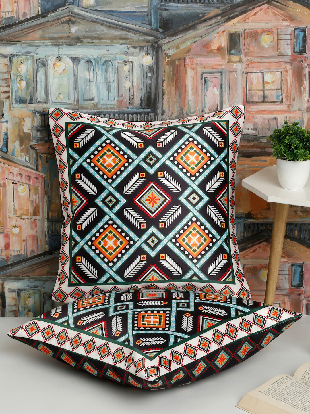 Alina decor Soft & Light-Weight Geometric Polycotton Durable 2 Pcs Cushion Covers -16x16In