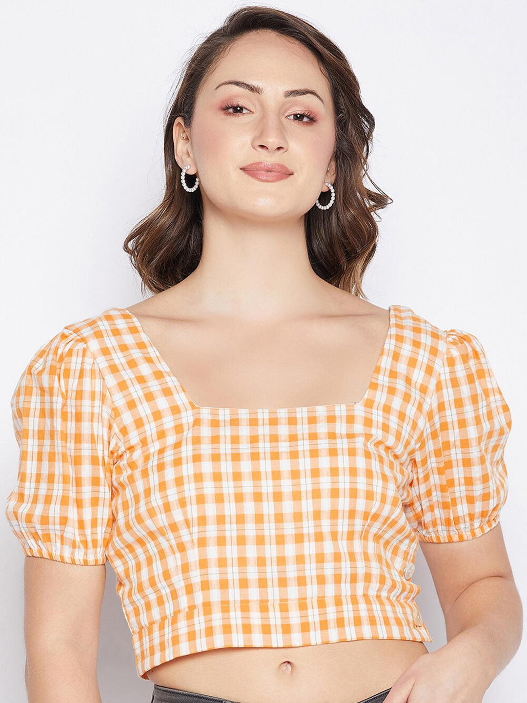 Madame Checked Puff Sleeve Boxy Crop Top
