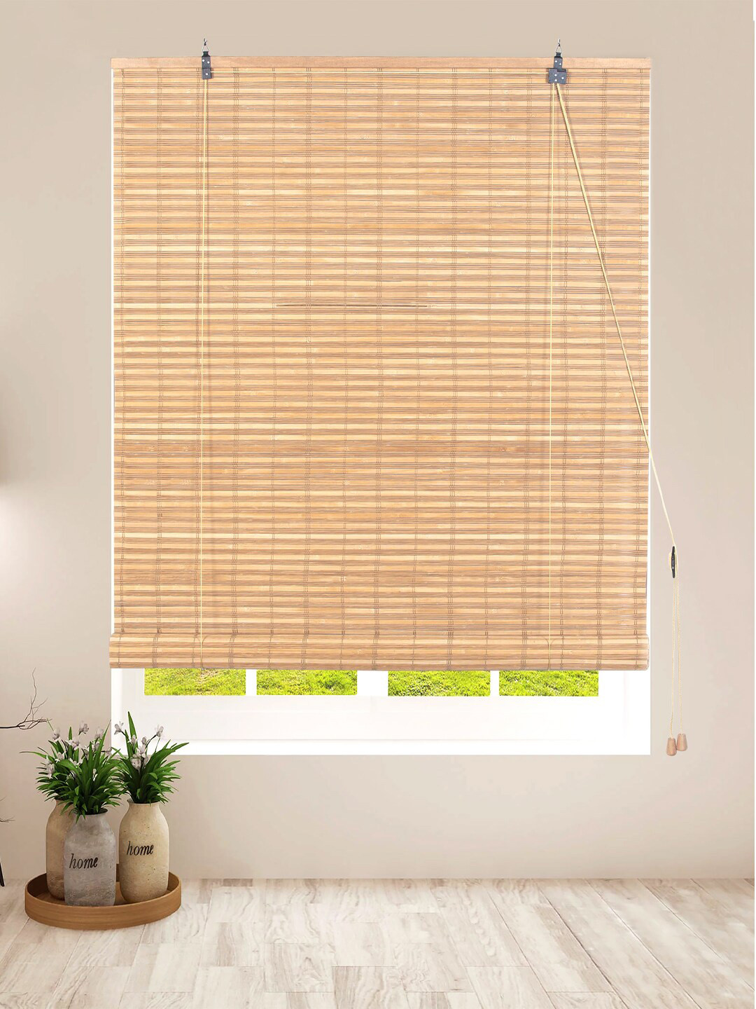 Deco Window Beige Striped Room Darkening Bamboo Roller Window Blinds