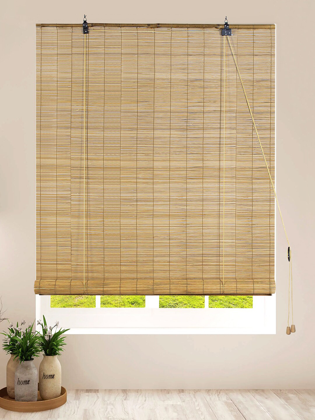 Deco Window Camel Brown Striped Room Darkening Bamboo Roller Window Blinds