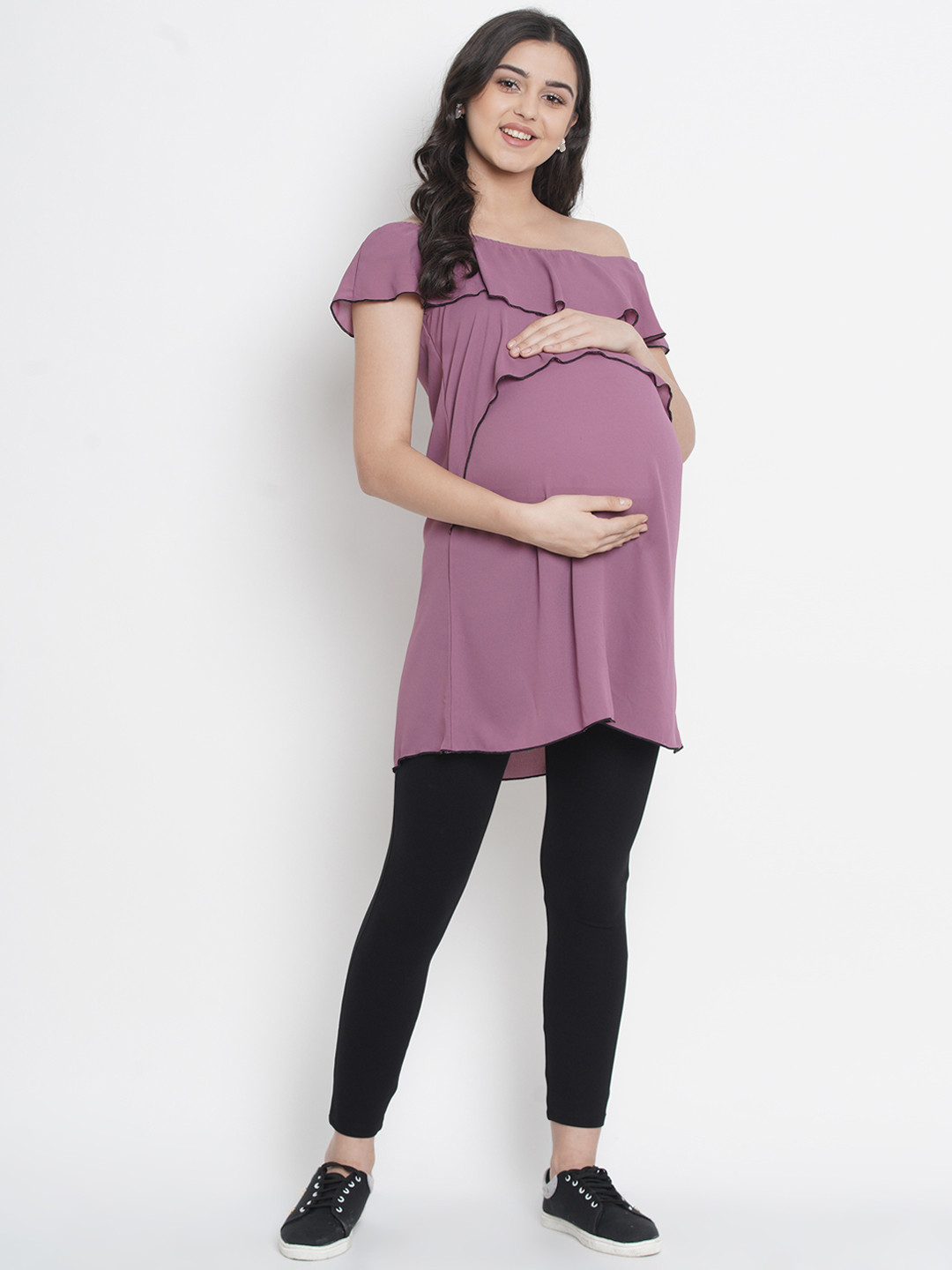 SIDE KNOT Off-Shoulder Ruffled Longline Maternity Top
