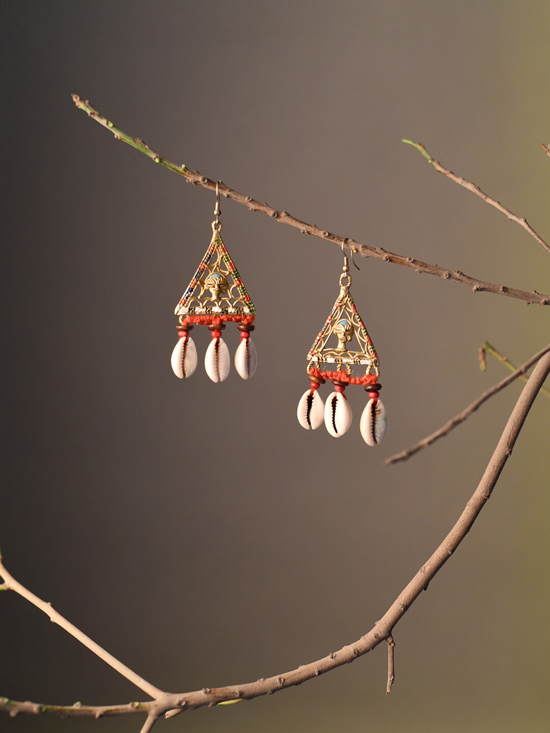 AAKRITI ART CREATIONS Brass Plated Triangular Wooden Drop Earrings