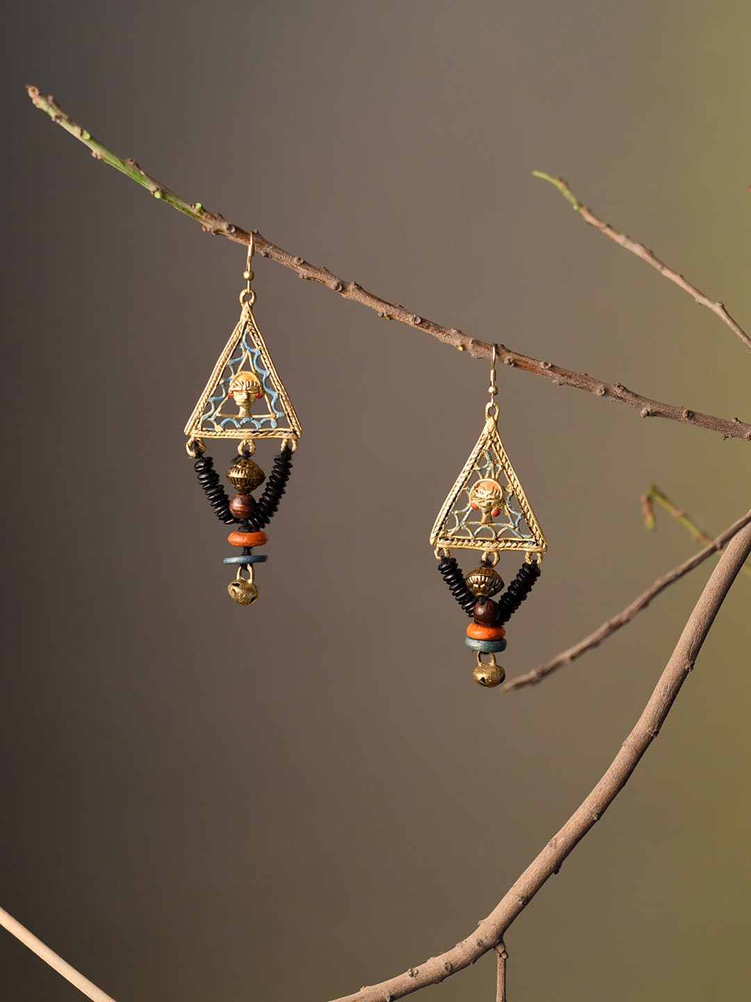 AAKRITI ART CREATIONS Brass Plated Triangular Wooden Drop Earrings