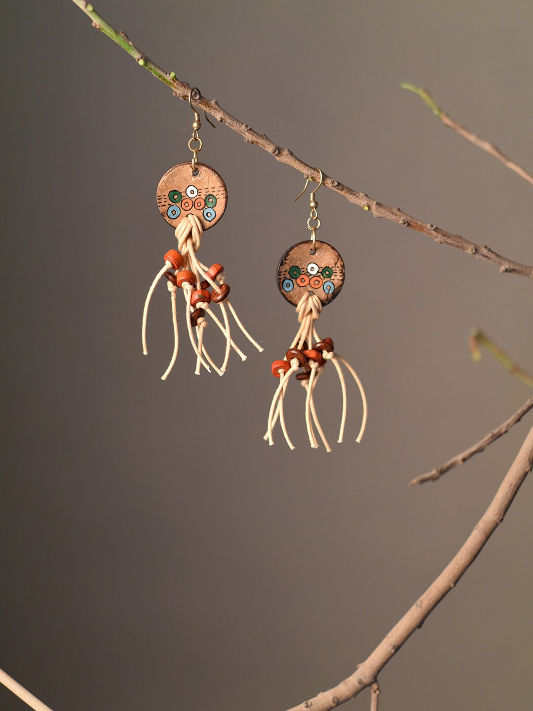 AAKRITI ART CREATIONS Circular Wooden Drop Earrings