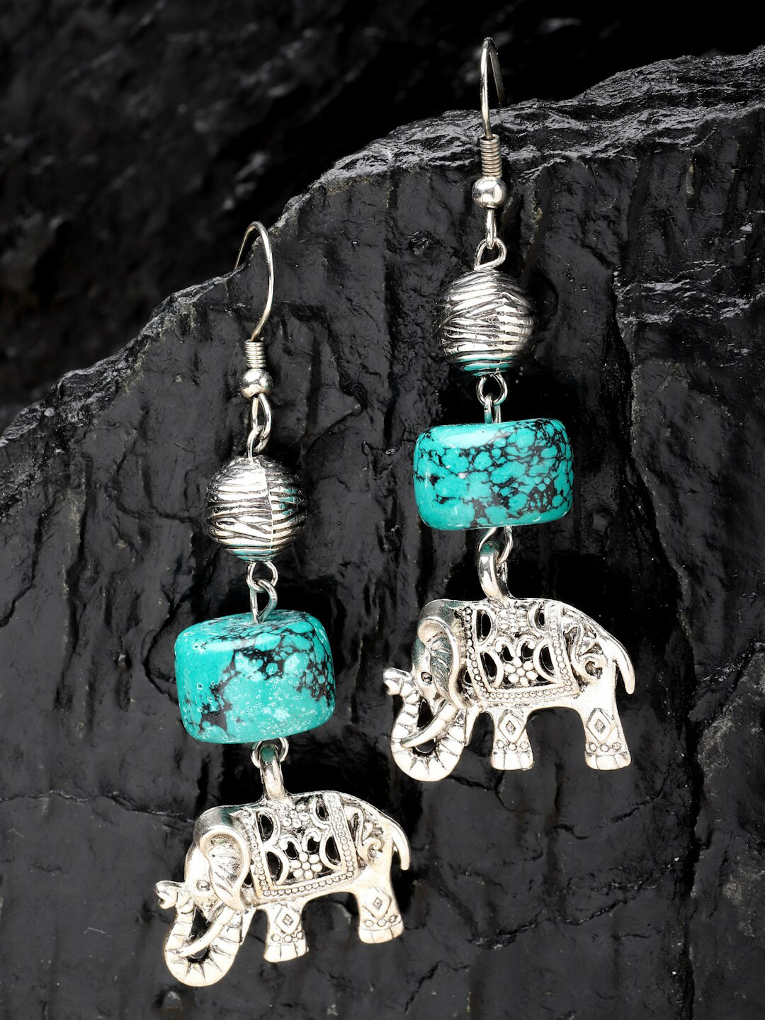 PANASH Silver-Plated Elephant Shaped Oxidized Drop Earrings