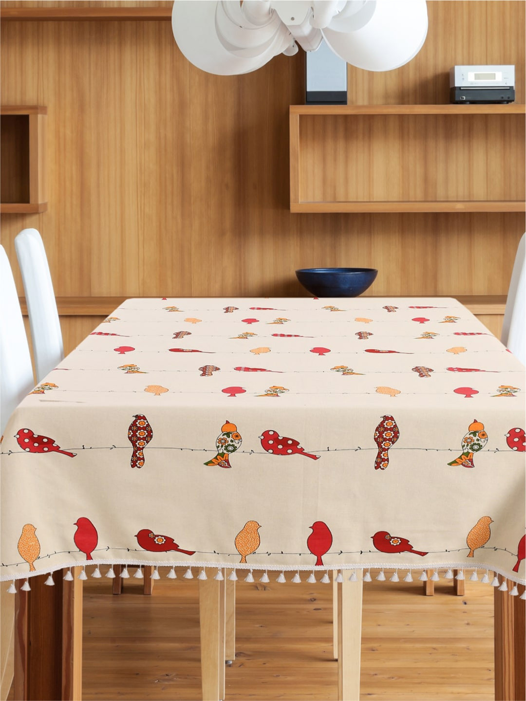 URBAN SPACE Cream Coloured & Red Printed Pure Cotton 6-Seater Table Cover