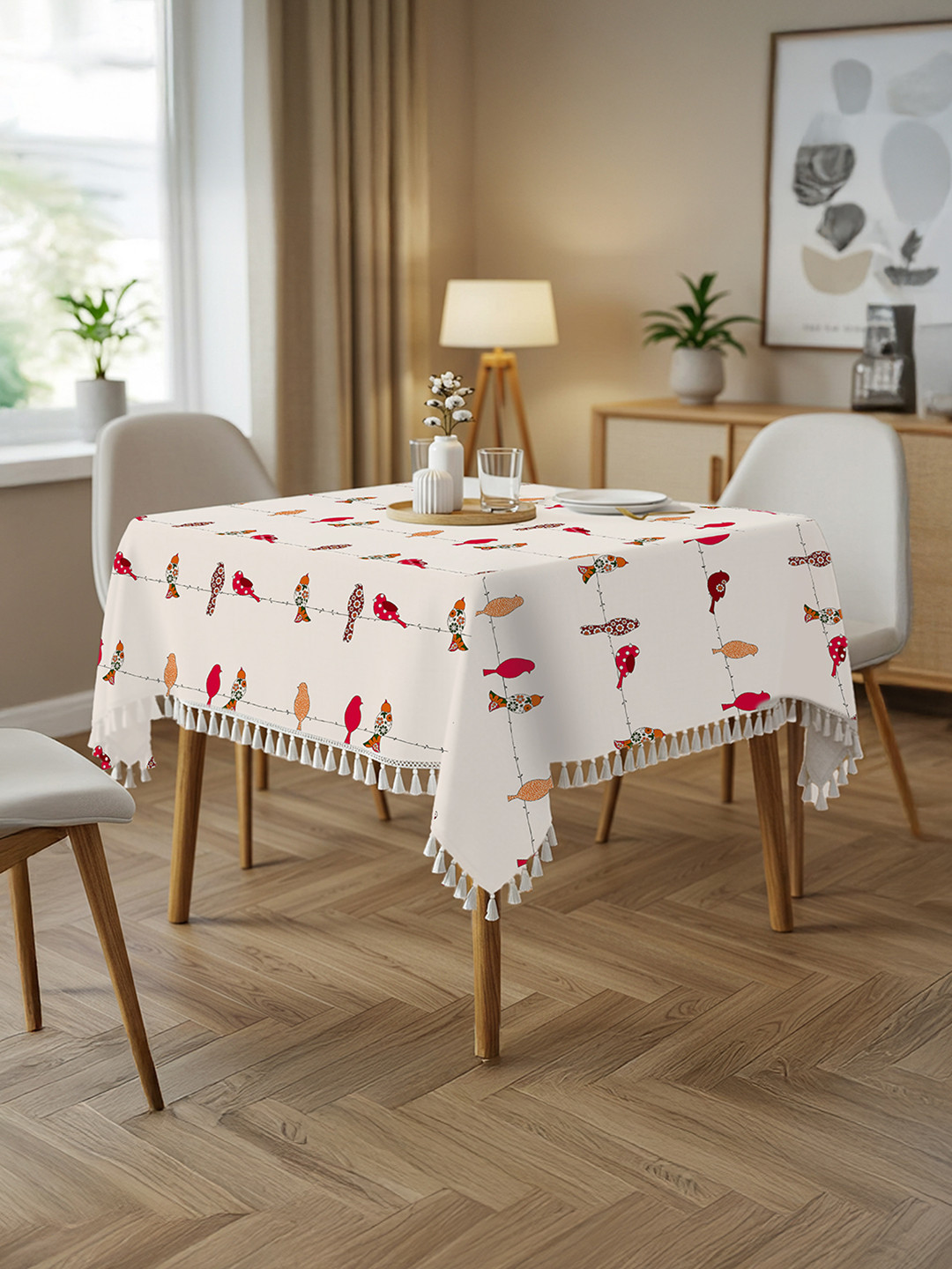 URBAN SPACE Cream Coloured & Red Printed Pure Cotton Square Table Cover
