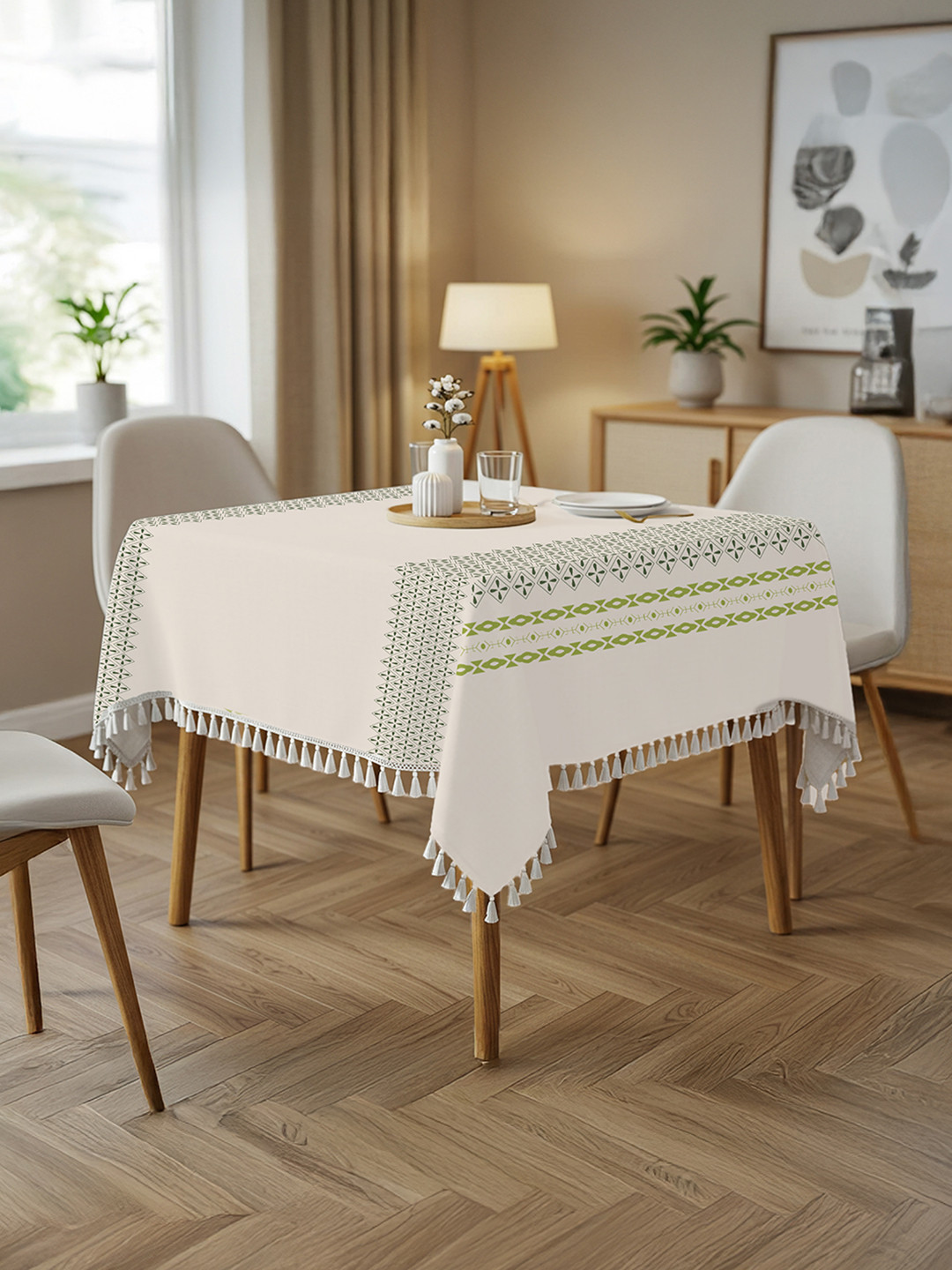 URBAN SPACE White & Black 4-Seater Printed Pure Cotton Square Table Cover