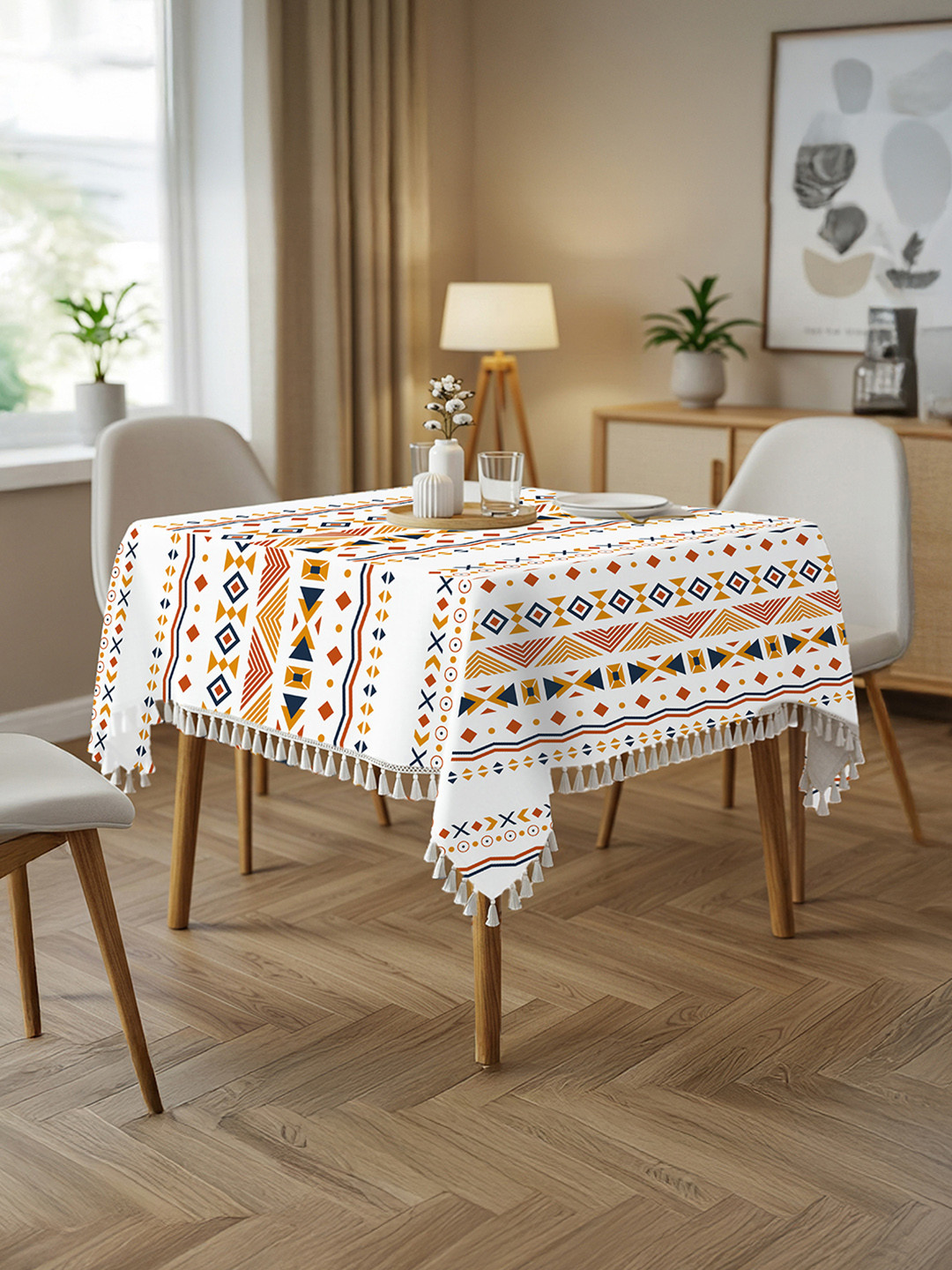 URBAN SPACE Mustard-Yellow Printed Square Cotton 4-Seater Table Cover