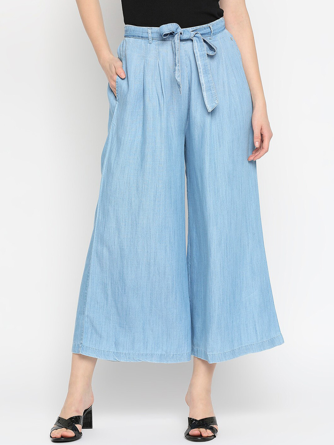 SPYKAR Women Knitted Flared Cotton Cropped Palazzo