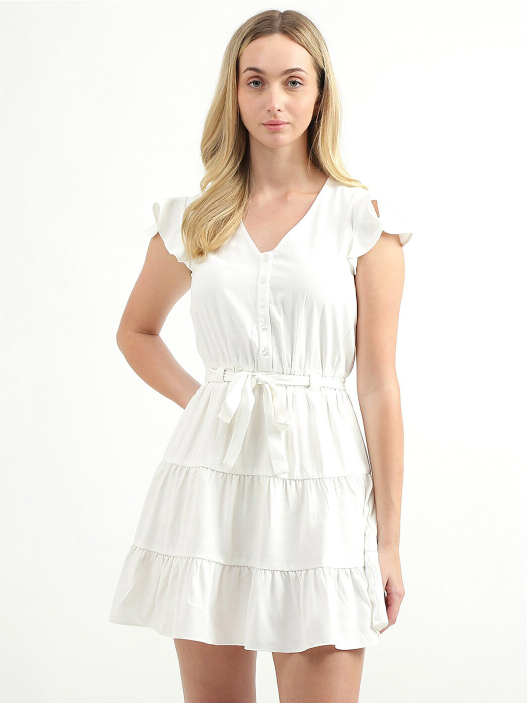 United Colors of Benetton Cap Sleeves V-Neck Tiered Belted Fit & Flare Dress