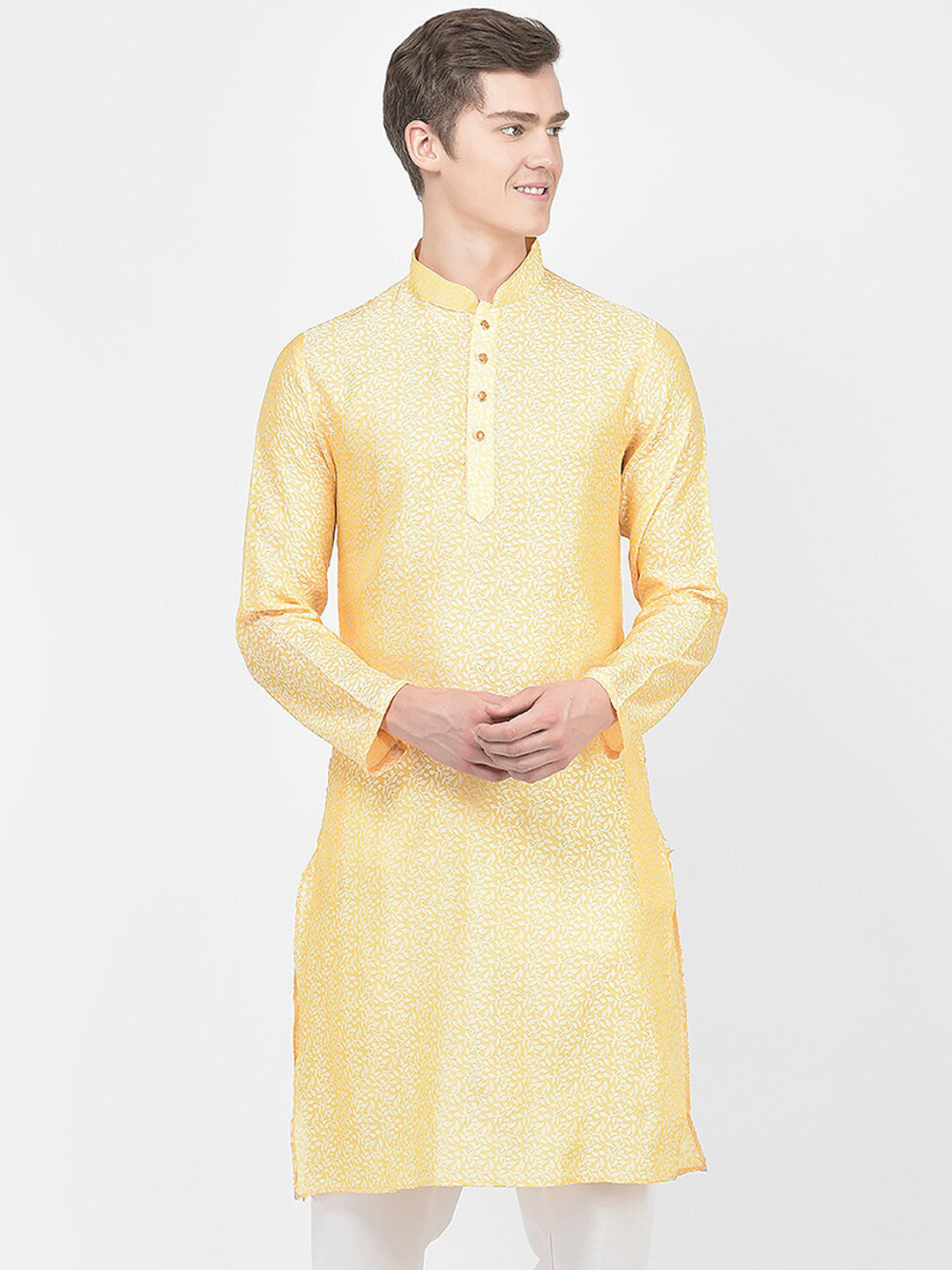 SG LEMAN Floral Woven Design Mandarin Collar Jacquard Kurta