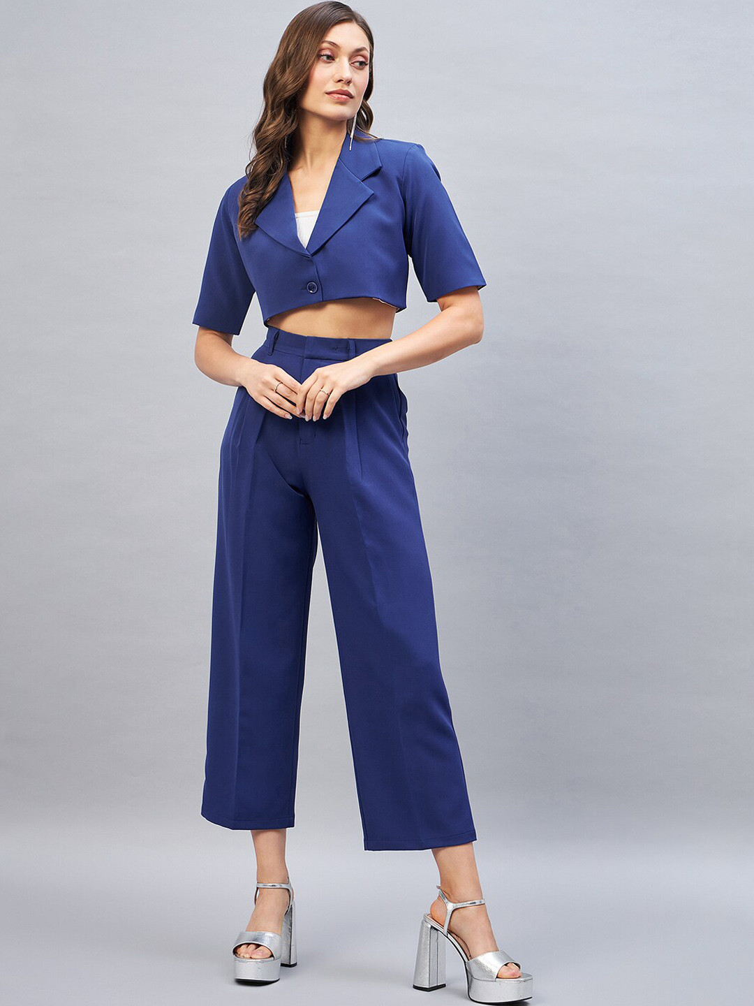 DELAN Notched Lapel Collar Crop Coat With Trousers