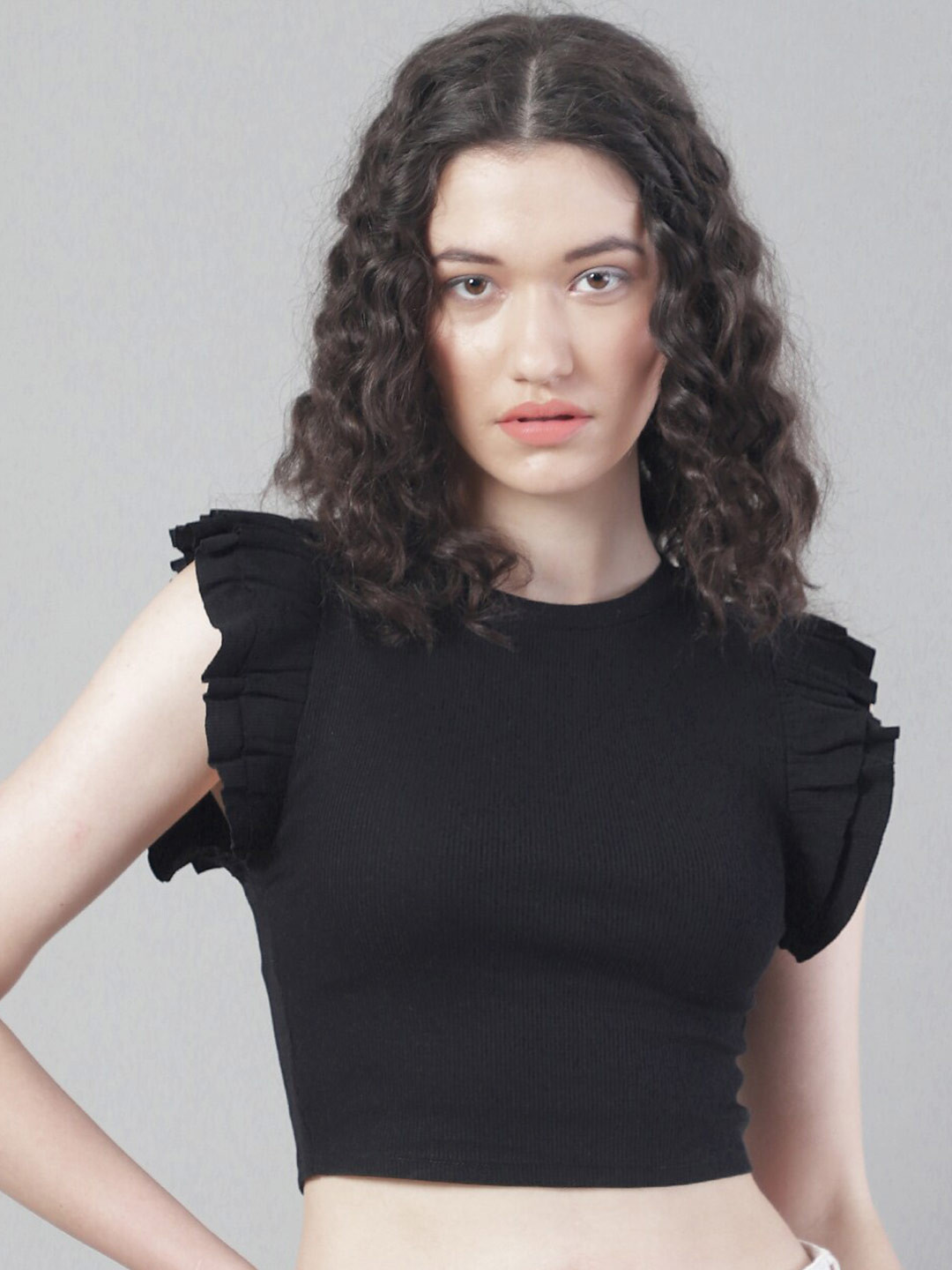 NoBarr Round Neck Flutter Sleeve Fitted Crop Top