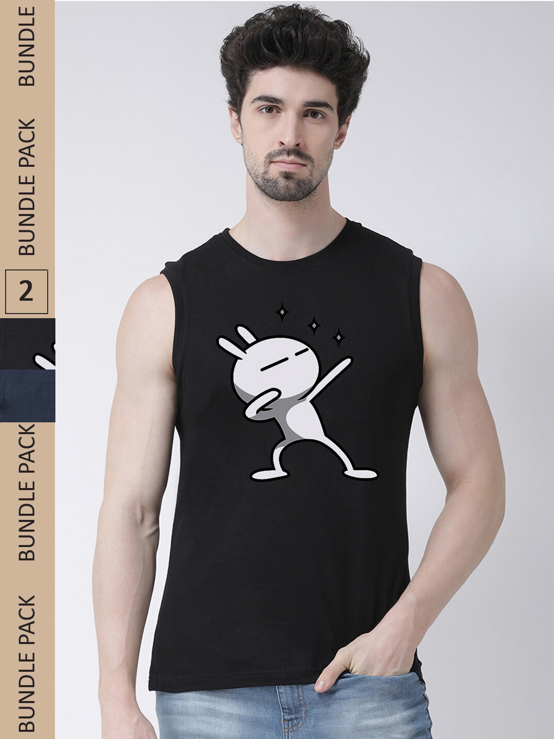 Friskers Pack Of 2 Graphic Printed Sleeveless Slim Fit Pure Cotton Sports T-shirt
