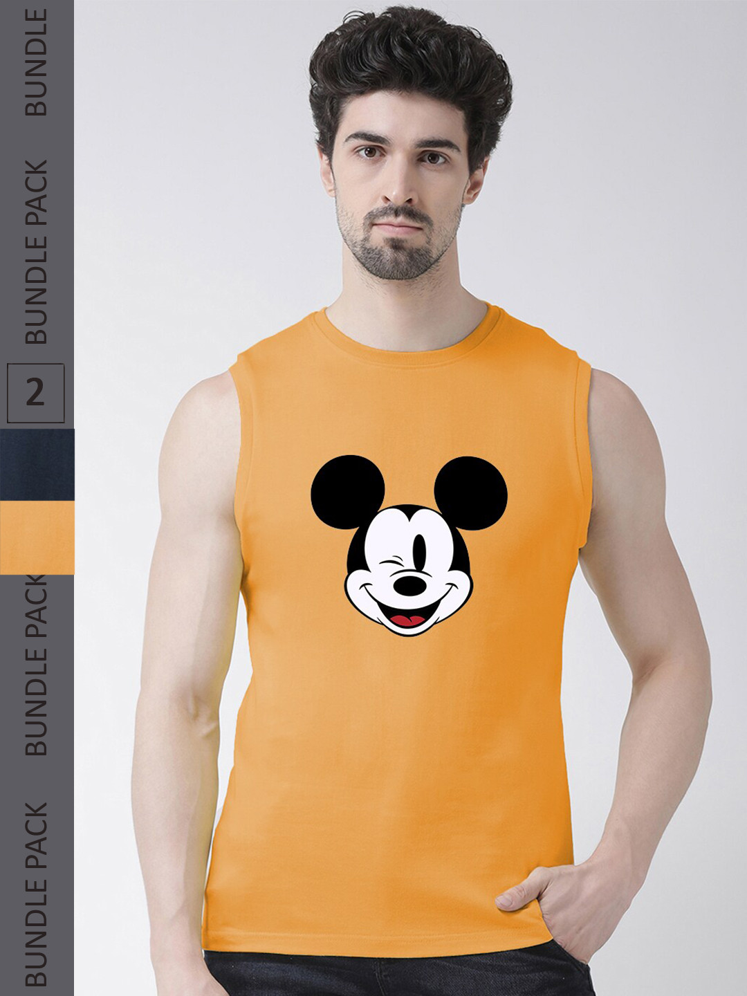Friskers Pack Of 2 Mickey Mouse Printed Sleeveless Pure Cotton Slim Fit Sports T-shirt