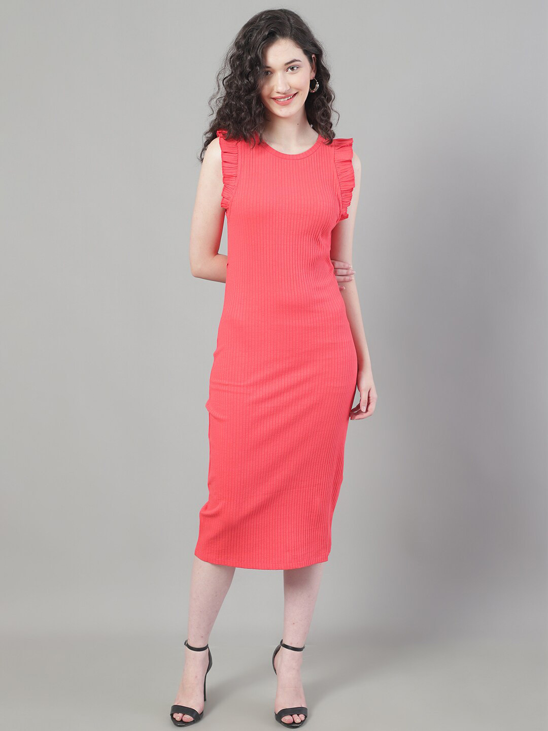 NoBarr Cotton Ribbed Sheath Midi Dress With Ruffles