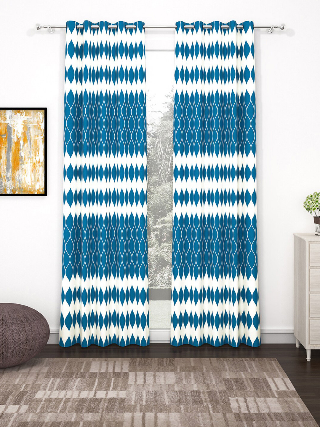 Story@home Nature Blue & White 2 Pieces Geometric Printed Door Curtains