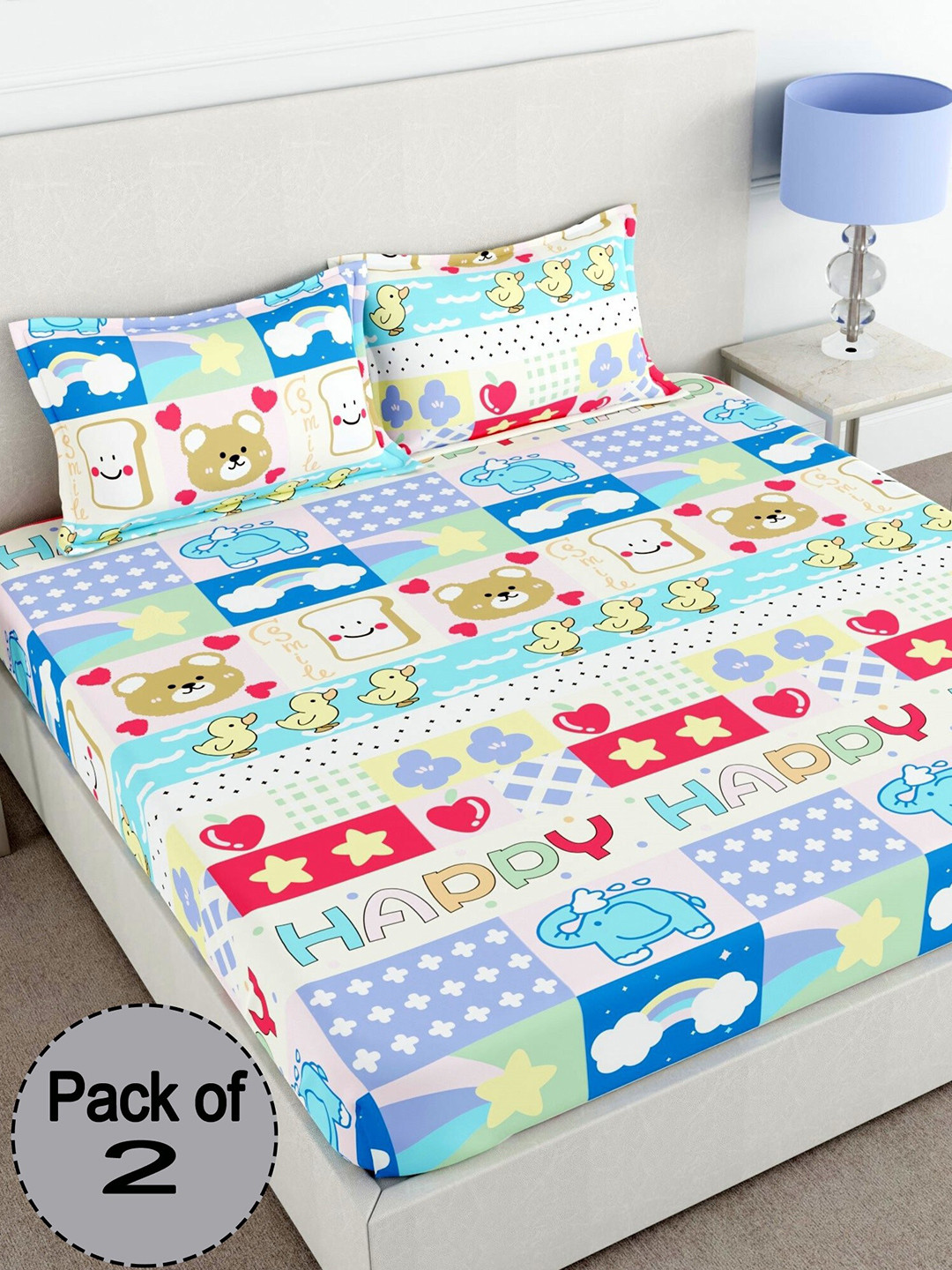 CHHAVI INDIA Royal Passion White Conversational Polycotton 210 TC Queen Fine 2 Bedsheet with 4 Pillow Covers-89 x 98 inches