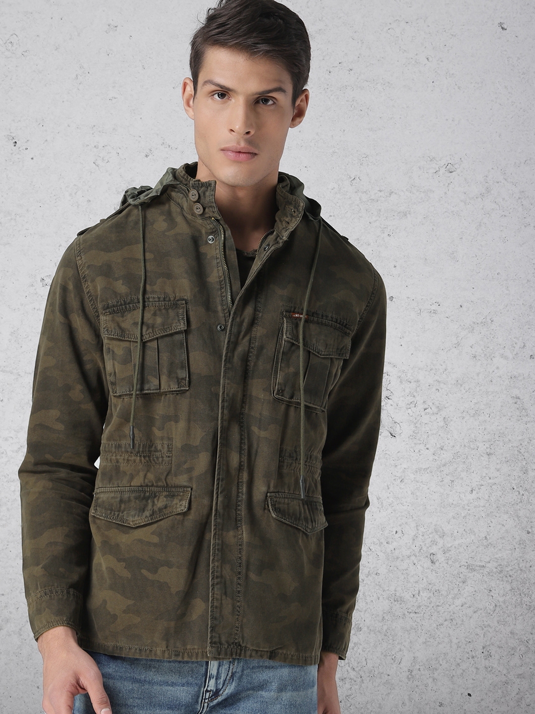 Buy Ecko Unltd Men Olive Green Printed Shacket Fit Safari Hooded