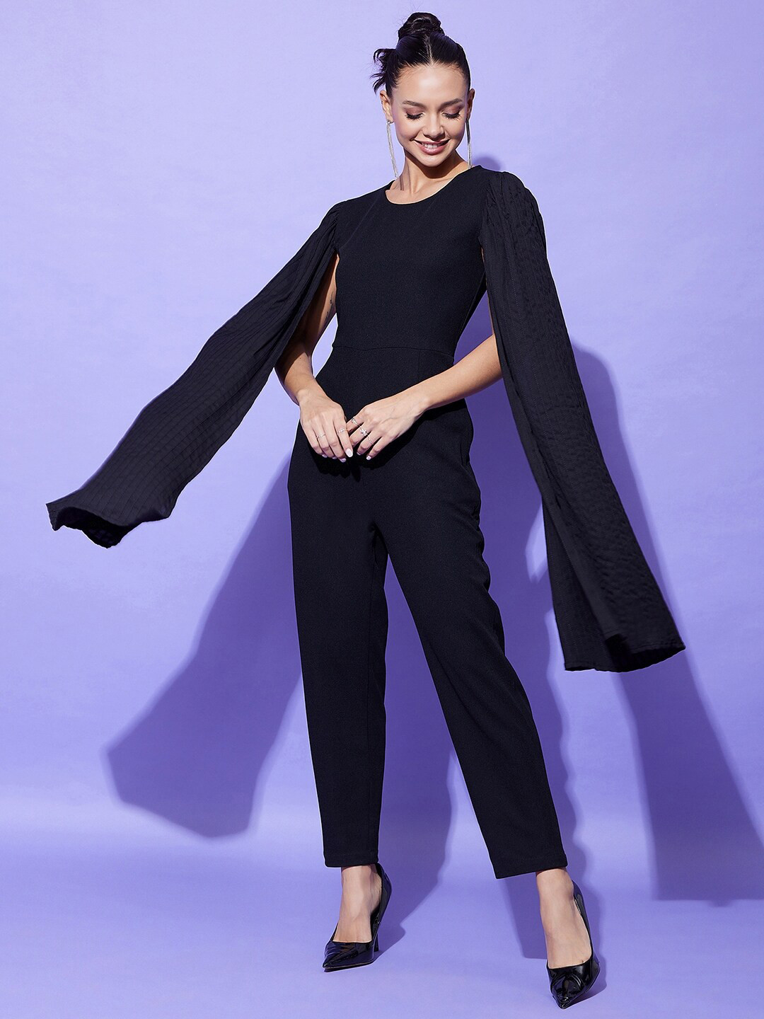 StyleStone Navy Blue Round Neck Long Cape Sleeves Basic Jumpsuit