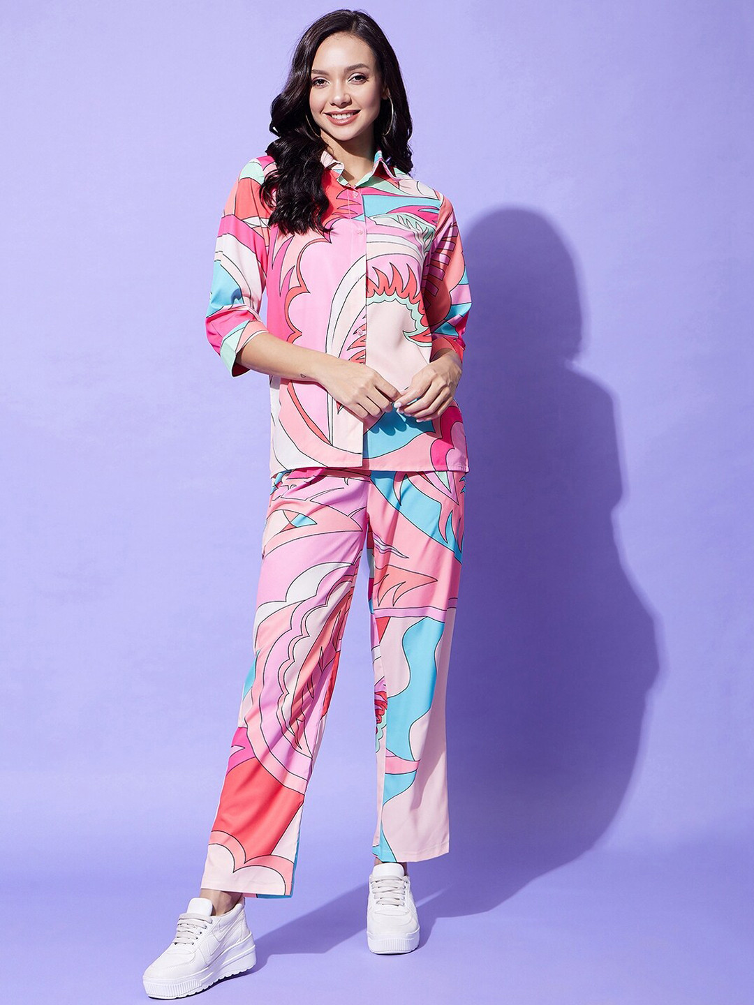 StyleStone Pink & Blue Abstract Printed Long Sleeves Shirt & Trousers