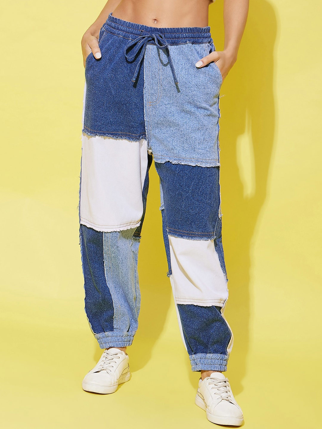 StyleStone Women Blue & White Patch Work Relaxed Joggers Trousers