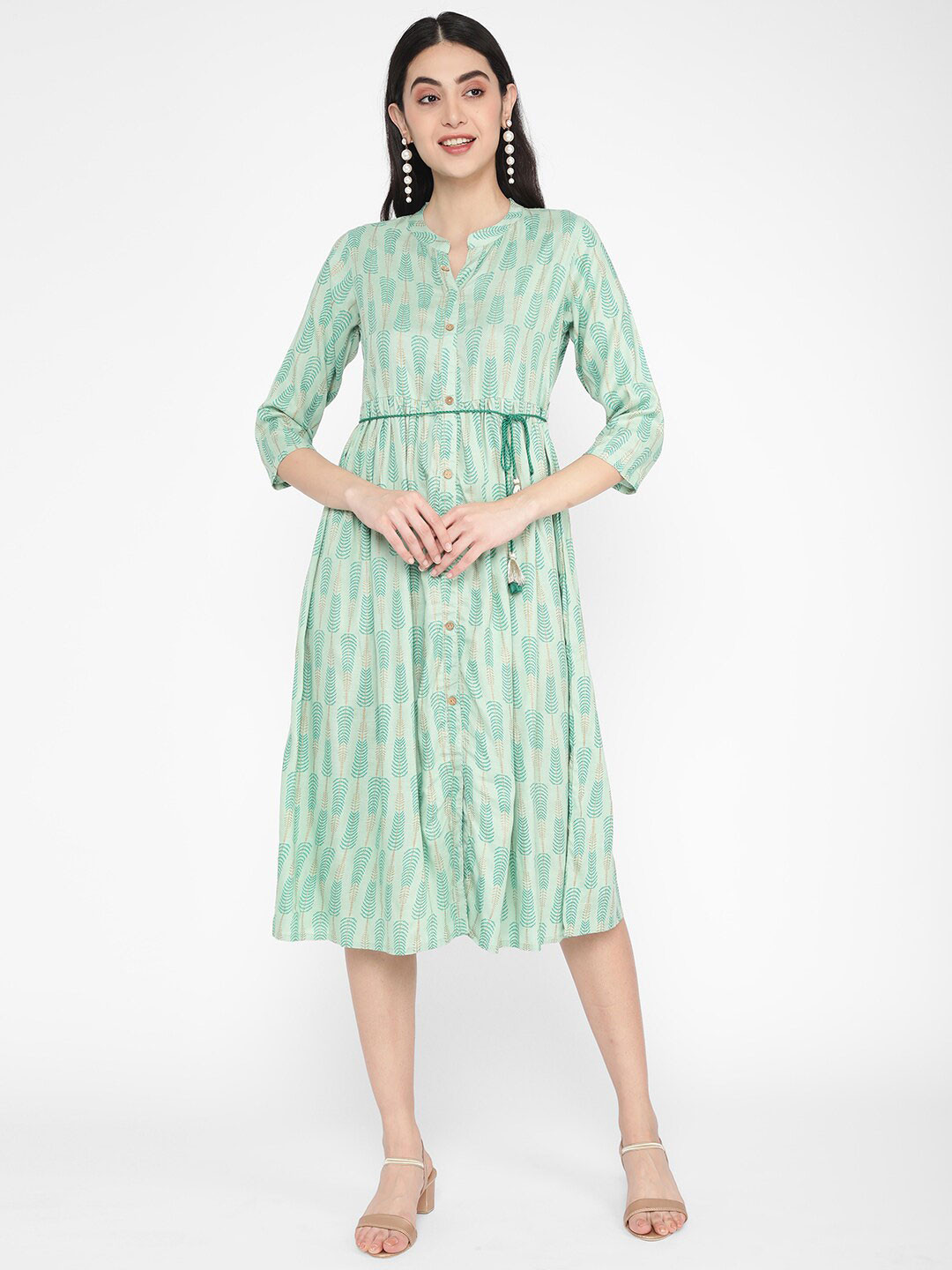 R&B Green Floral Printed A-Line Midi Dress With Belt