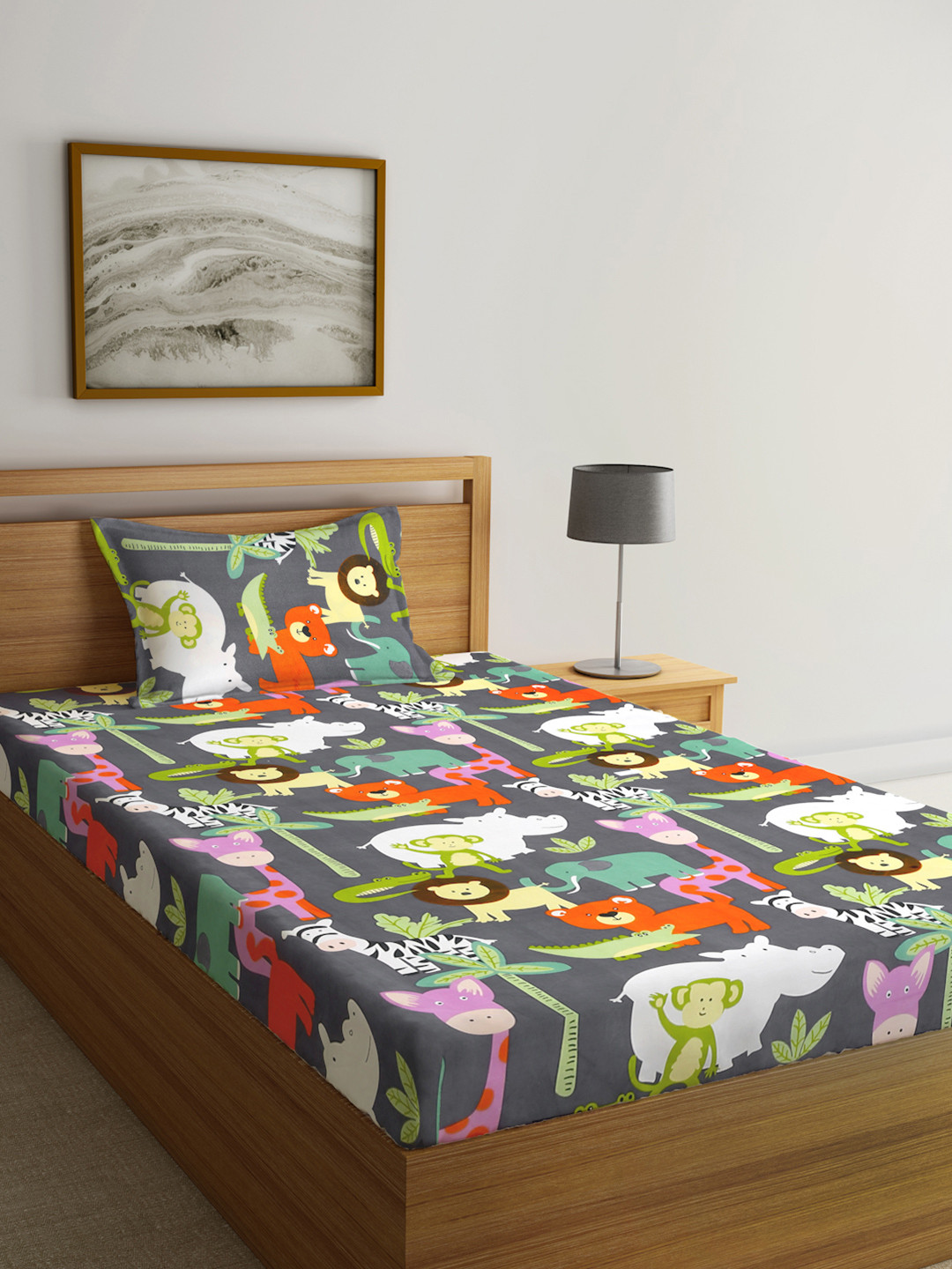 KLOTTHE Grey & White Printed 300TC Fitted Single Bedsheet With Pillow Cover