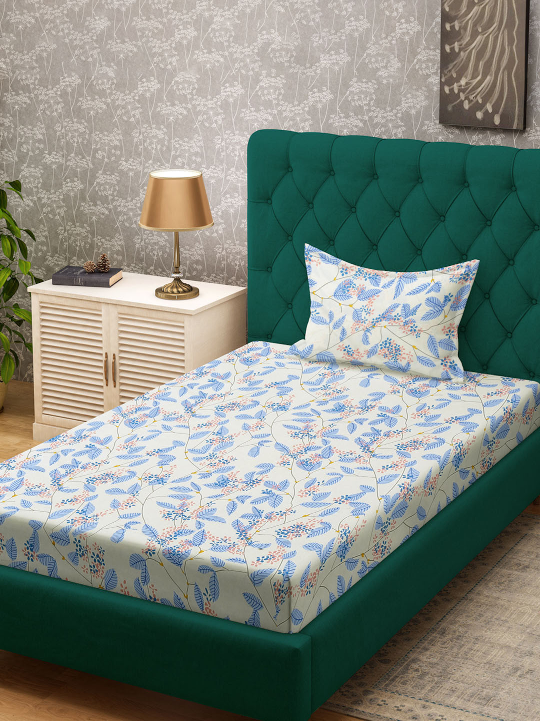 KLOTTHE White Leaf Cotton 300 TC Fitted Single Fine Bedsheet with a Pillow Cover-220 x 150 cm