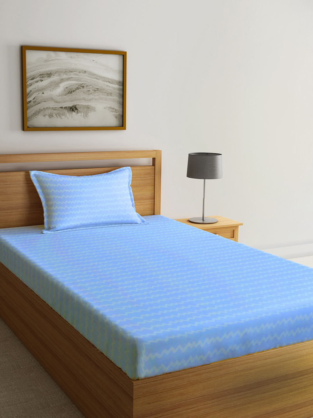 KLOTTHE Blue Chevron Cotton 300 TC Fitted Single Fine Bedsheet with a Pillow Cover-87 x 59 inches