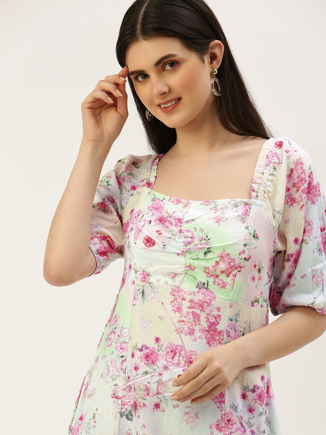 AND Square Neck Floral Print Puff Sleeve Empire Style Smocked Mini Dress