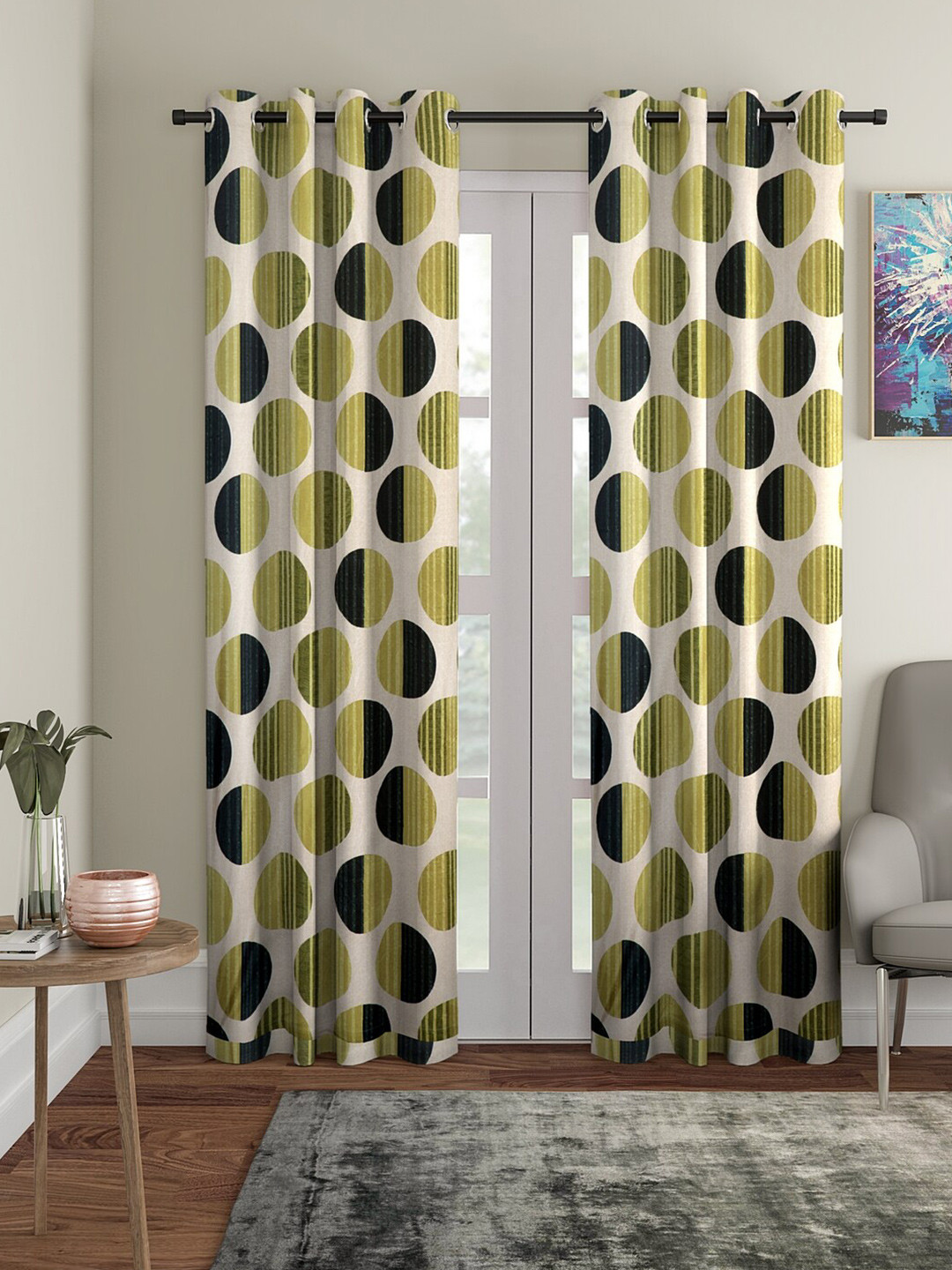 Cortina Olive Green & Black 2 Pieces Geometric Door Curtains